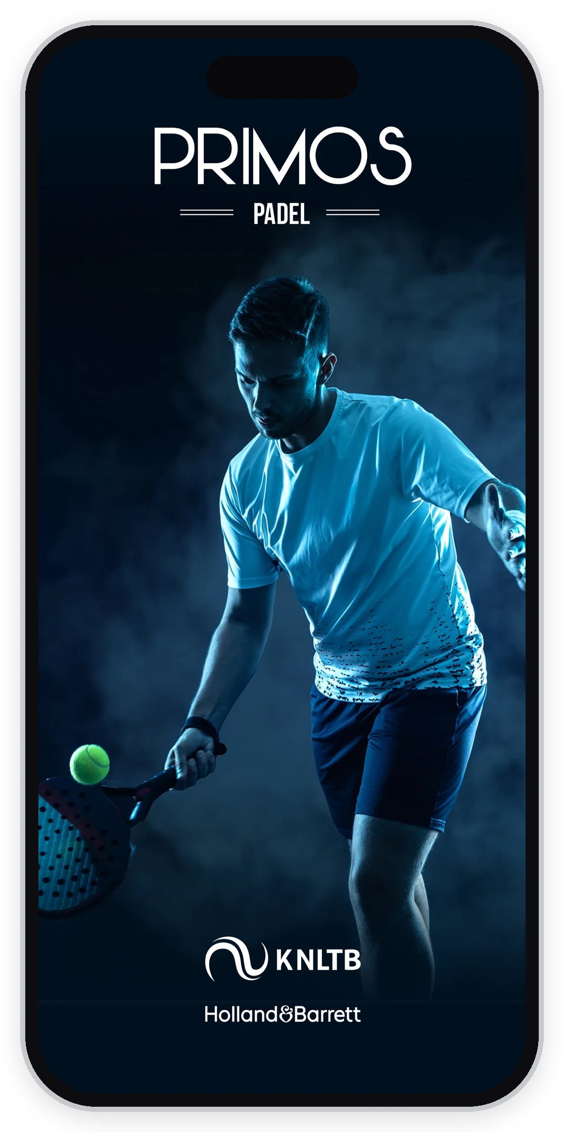 Startscherm van de branded ClubApp van Primos Padel